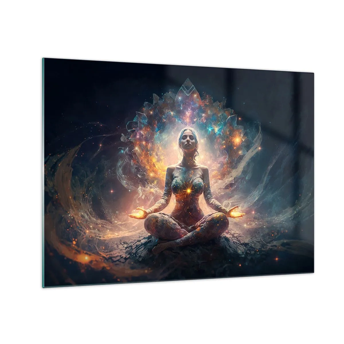 Glastavla - Bild på glas - En mediterande kvinna i en lysande aura av energi och färg - 70x50cm - Flöde av god energi - Modern väggdekoration för vardagsrum och sovrum ARTTOR