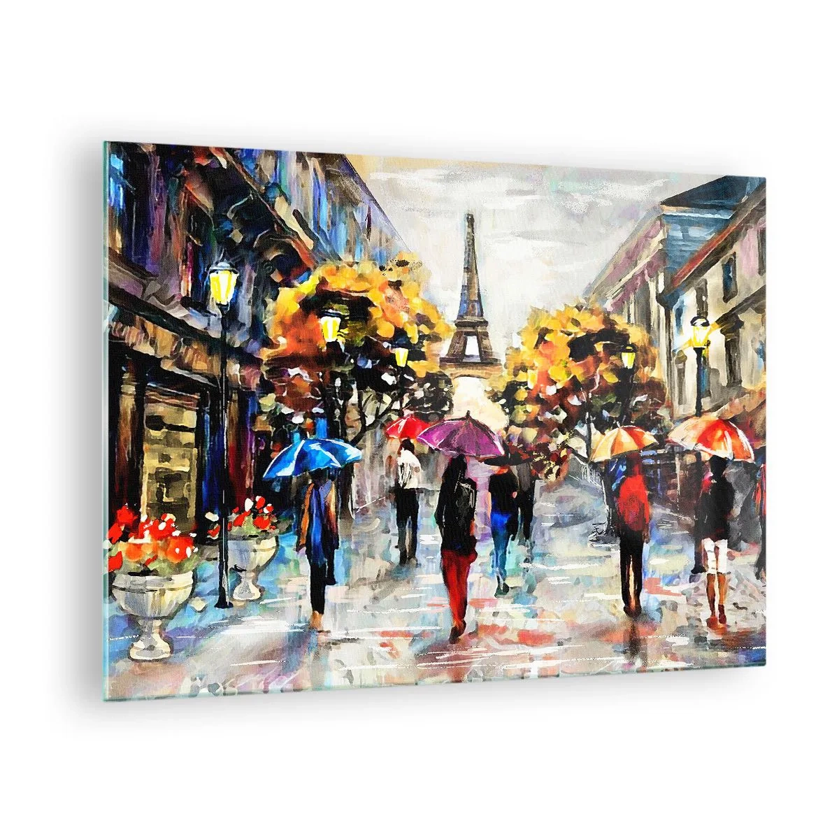 Glastavla - Bild på glas - Eiffeltornet i bakgrunden av människor som går under färgglada paraplyer - 70x50cm - Särskilt vacker på hösten - Modern väggdekoration för vardagsrum och sovrum ARTTOR