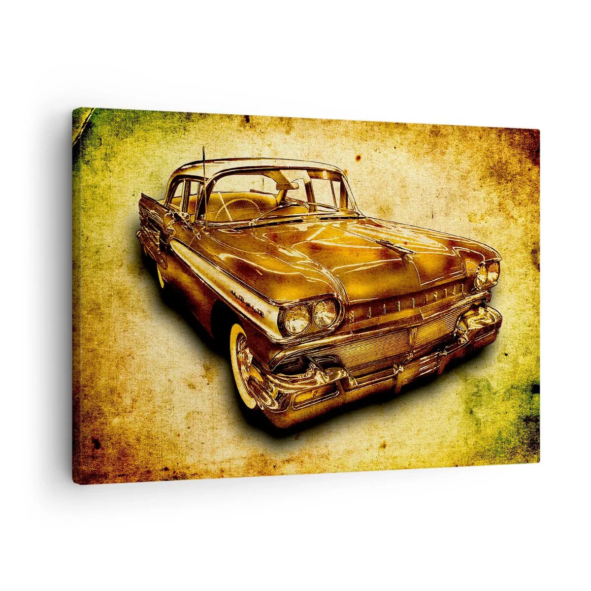 Canvastavla - Bild på duk - En gyllene klassisk retrobil på en vintagebakgrund med en åldrad effekt. - 70x50cm - Klassikens eviga skönhet - Modern väggdekoration för vardagsrum och sovrum ARTTOR