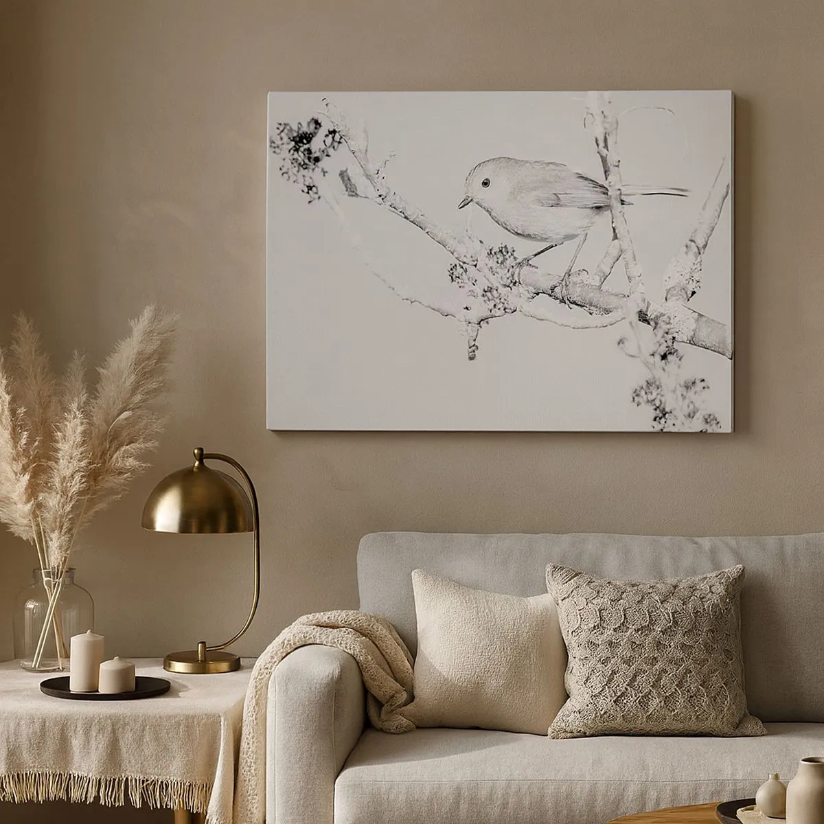 Canvastavla - Bild på duk - Fågel på en gren i svartvitt med minimalistisk stil - 70x50cm - Vintermorgon - Modern väggdekoration för vardagsrum och sovrum ARTTOR