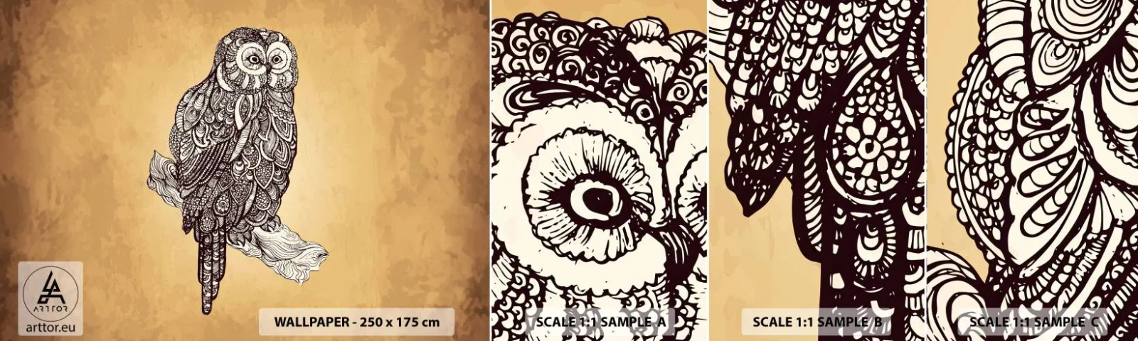 Fototapet Prov Standard Eco - Invecklade ornament av visdom - Uggla, Fågel, Djur - 100x30 cm