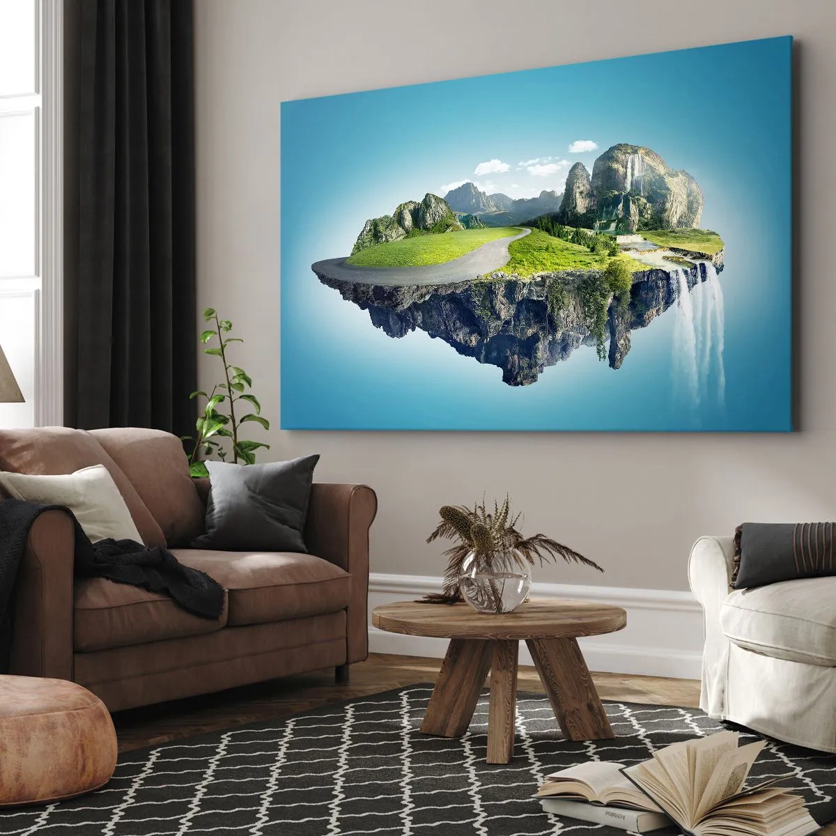 Canvastavla - Bild på duk - En flytande ö med berg och vattenfall - 70x50cm - Fantastisk ö - Modern väggdekoration för vardagsrum och sovrum ARTTOR