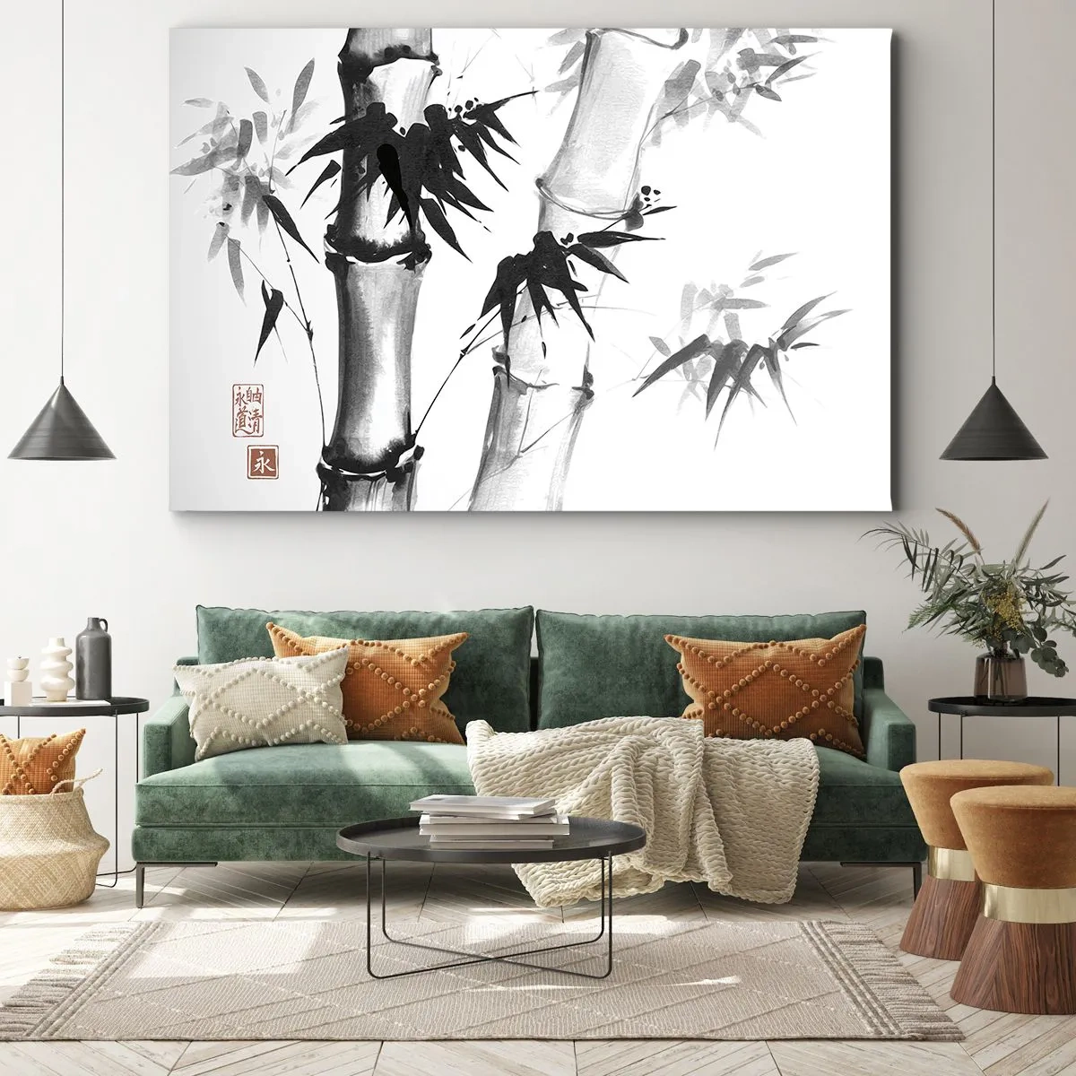 Canvastavla - Bild på duk - Japansk akvarell bambu på vit bakgrund - 70x50cm - Inzoomad orient - Modern väggdekoration för vardagsrum och sovrum ARTTOR