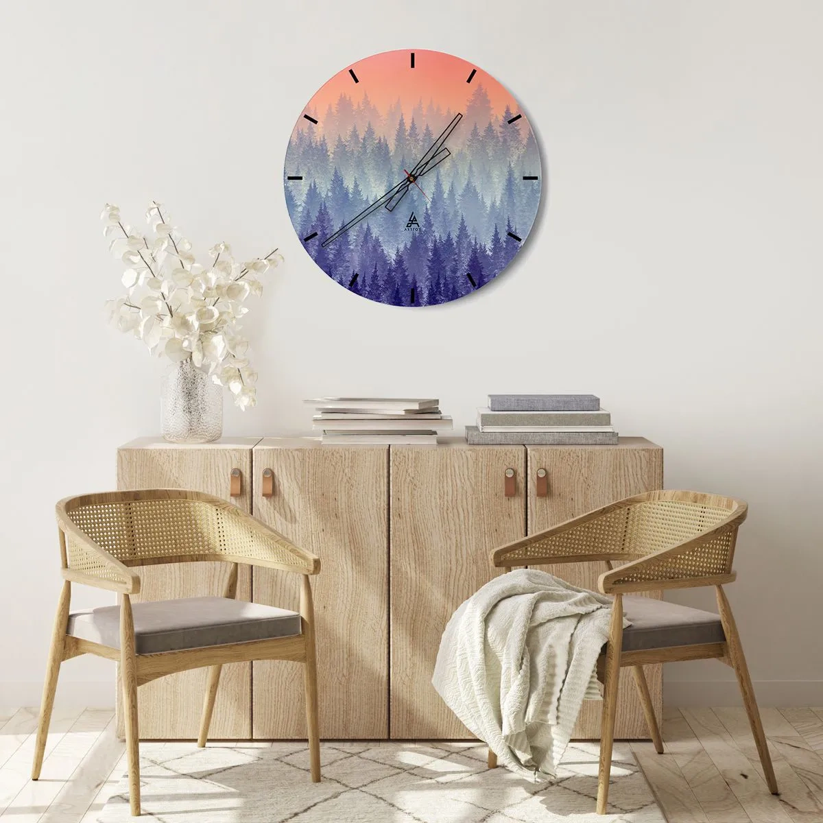 Väggklocka - Klocka på glas - Skog vid soluppgången i pastellfärger - 30x30cm - Högt, högre, upp till himlen - Modern väggdekoration för vardagsrum, kök och sovrum ARTTOR