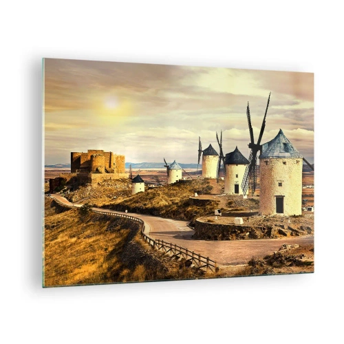 Glastavla - Bild på glas - Väderkvarnar och ett slott i landskapet vid solnedgången - 70x50cm - Don Quixote kommer snart - Modern väggdekoration för vardagsrum och sovrum ARTTOR