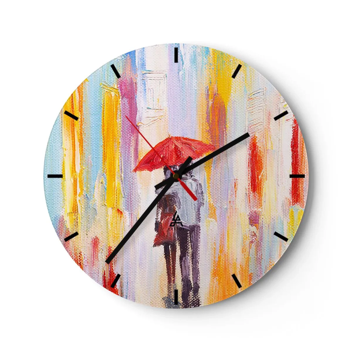 Väggklocka - Klocka på glas - En figur med ett rött paraply mot bakgrunden av en färgglad stad - 30x30cm - Må det fortsätta regna - Modern väggdekoration för vardagsrum, kök och sovrum ARTTOR