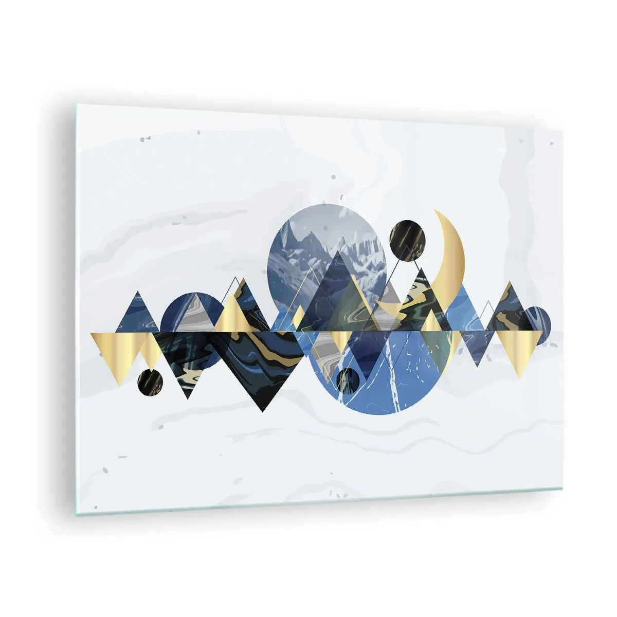 Glastavla - Bild på glas - Abstrakta geometriska figurer i nyanser av marinblått och guld - 70x50cm - Geometriskt landskap - Modern väggdekoration för vardagsrum och sovrum ARTTOR