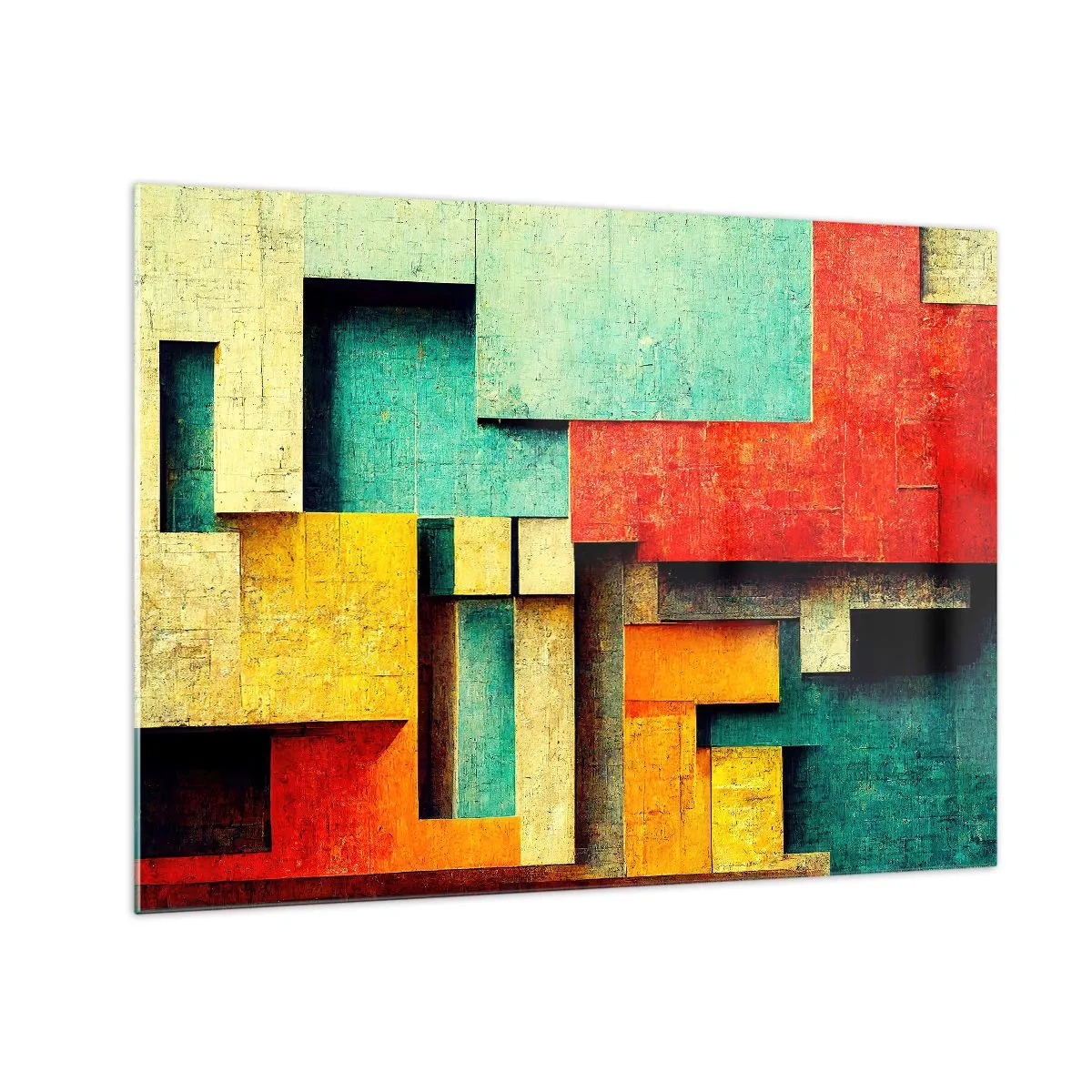 Glastavla - Bild på glas - Färgglad geometrisk abstraktion gjord av rektanglar - 70x50cm - Festival av räta vinklar - Modern väggdekoration för vardagsrum och sovrum ARTTOR