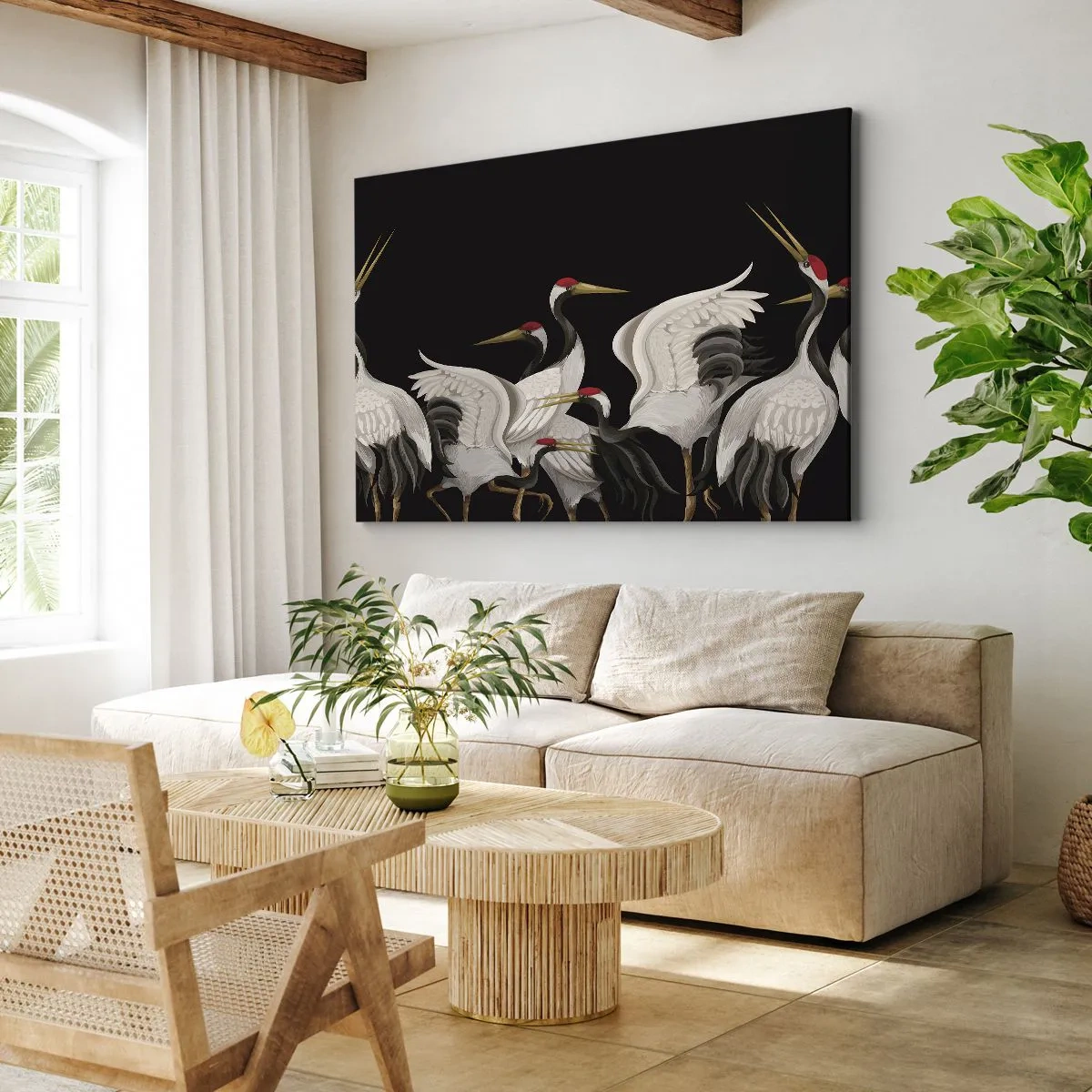Canvastavla - Bild på duk - Vita tranor med röda accenter på svart bakgrund - 70x50cm - Fågelärenden - Modern väggdekoration för vardagsrum och sovrum ARTTOR