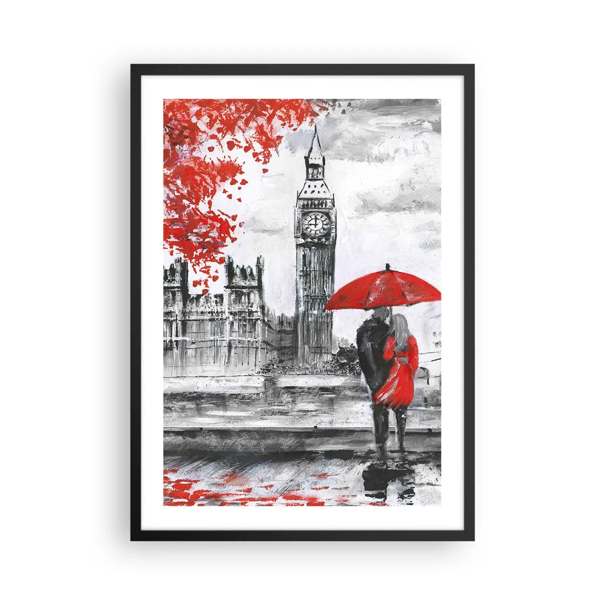 Affisch i svart ram - En figur med ett rött paraply framför Big Ben i London - 50x70cm - Förälskade i London - Modern väggdekoration för vardagsrum och sovrum ARTTOR