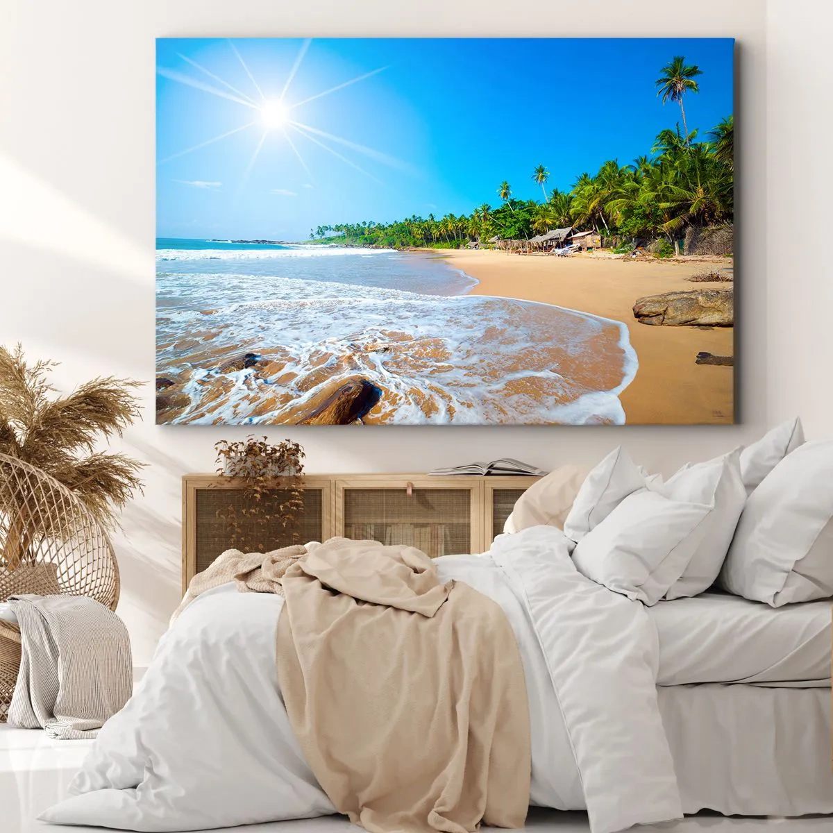 Canvastavla - Bild på duk - Tropisk strand med palmer och blå himmel - 70x50cm - Exotisk plats för dig - Modern väggdekoration för vardagsrum och sovrum ARTTOR