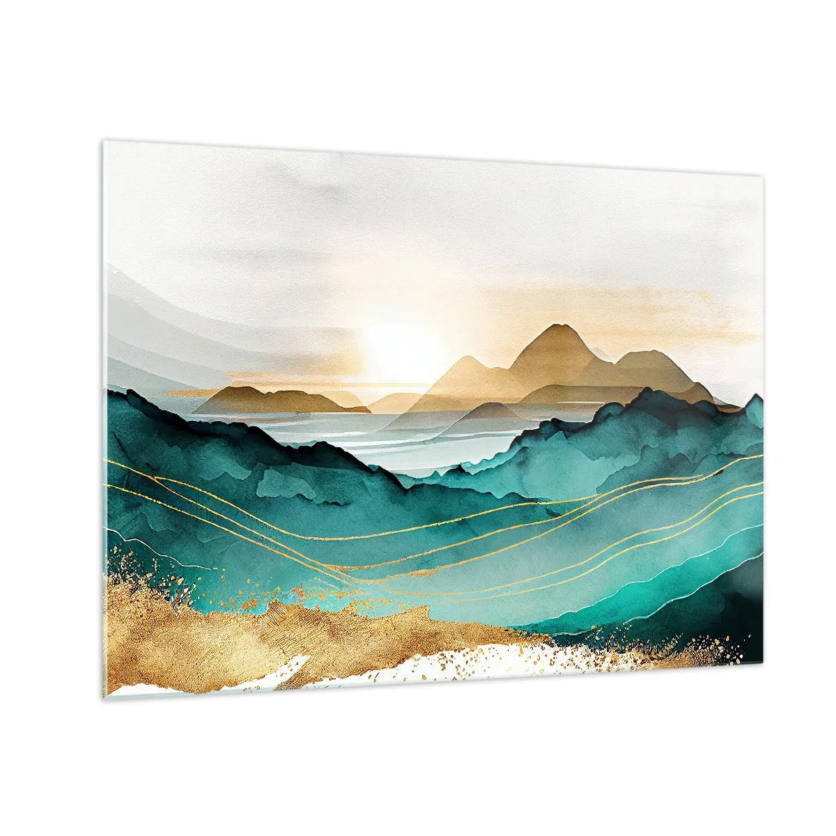 Glastavla - Bild på glas - Ett guld- och turkost bergslandskap i akvarellstil. - 70x50cm - På gränsen till abstraktion - landskap - Modern väggdekoration för vardagsrum och sovrum ARTTOR