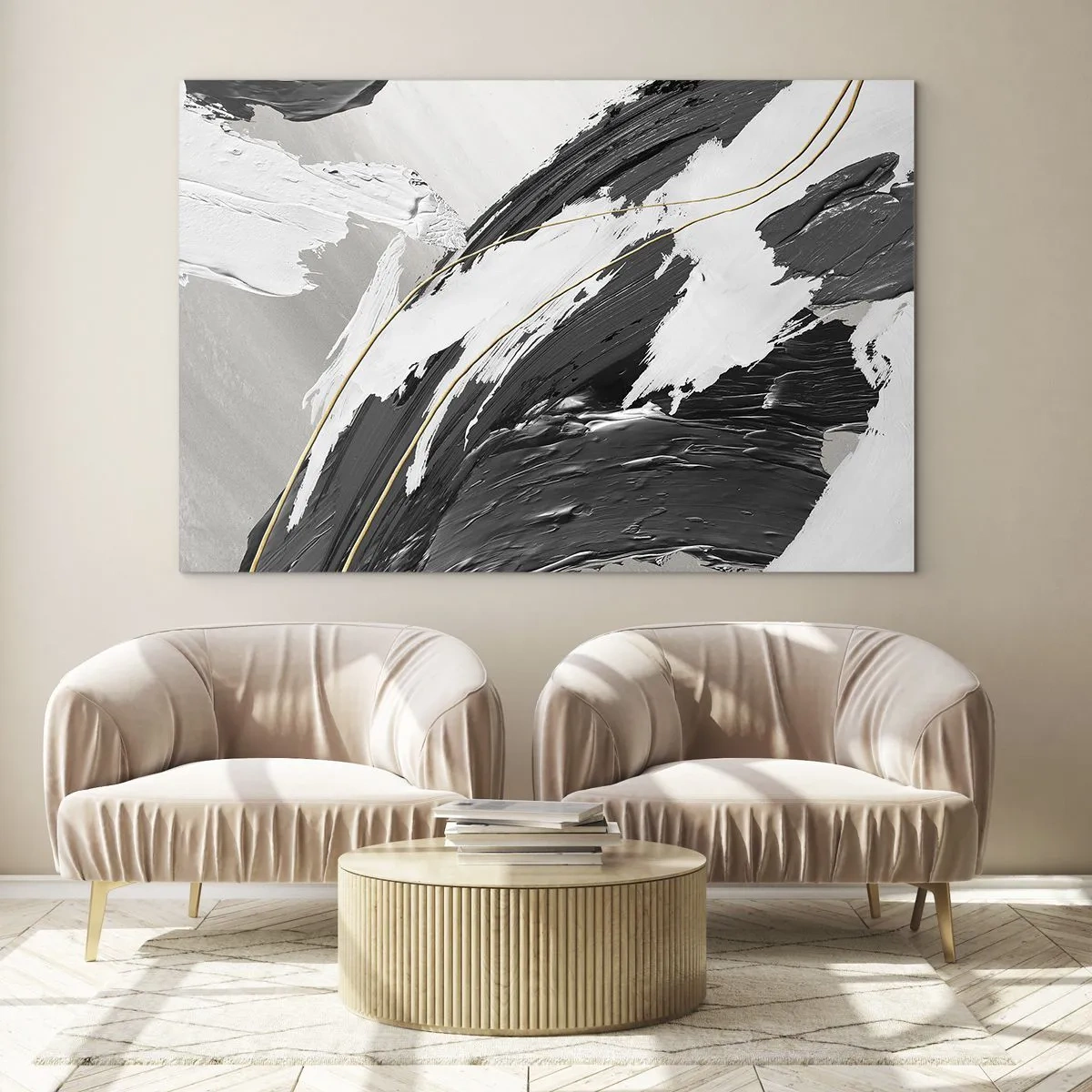Glastavla - Bild på glas - Dynamiska svartvita penseldrag med guldfärgade accenter - 70x50cm - Storslagen abstraktion - Modern väggdekoration för vardagsrum och sovrum ARTTOR