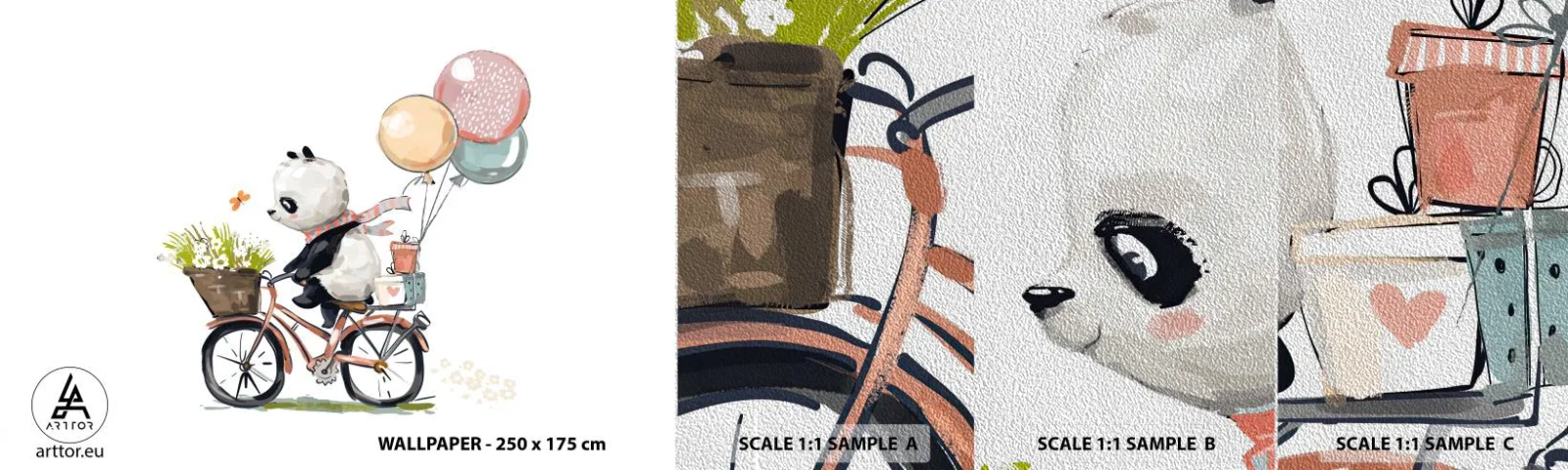 Provbit av fototapet Premium Sand - Lycklig dag - För barn, Panda På En Cykel, Abstraktion - 100x30 cm