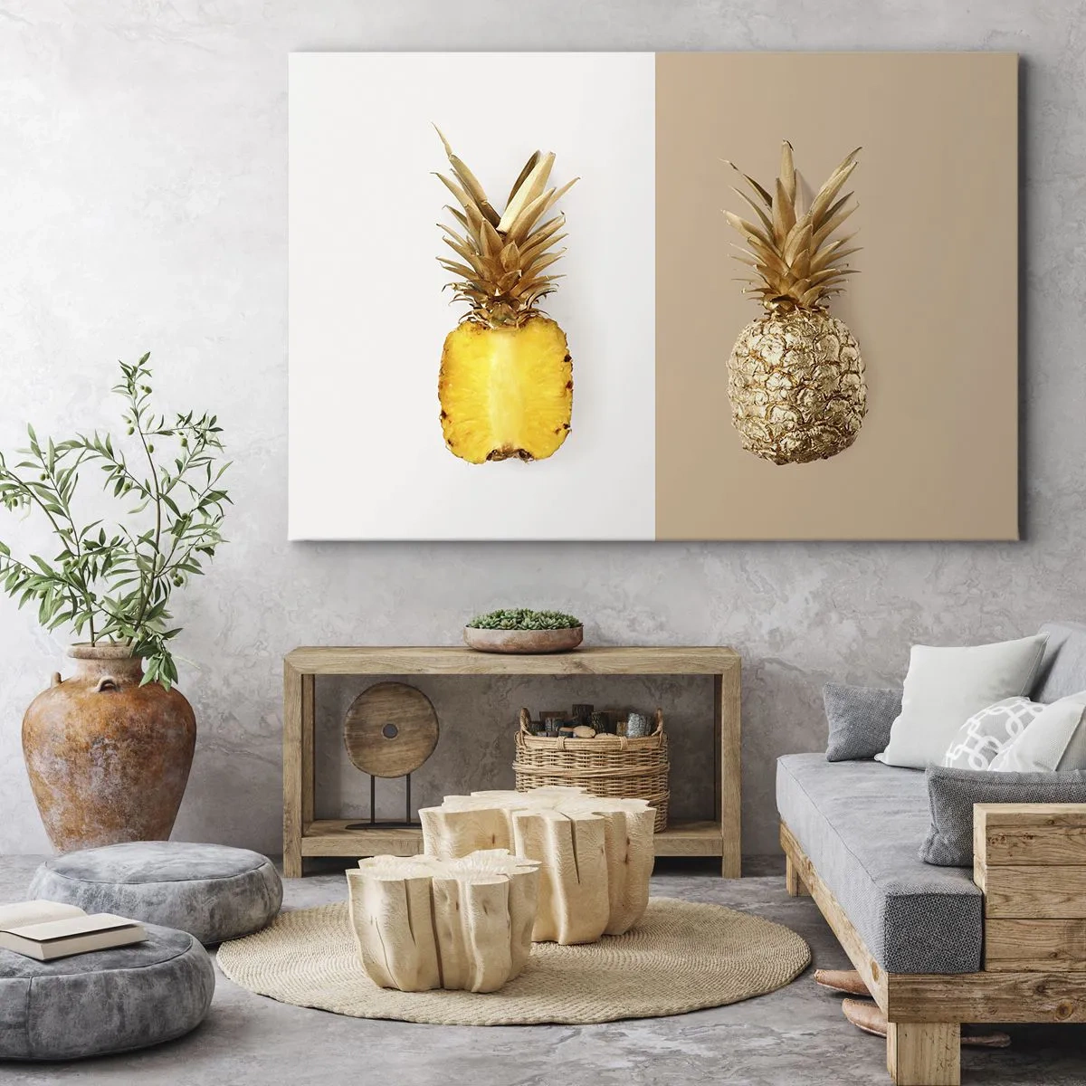 Canvastavla - Bild på duk - Hälften av en färsk, gyllene ananas mot en kontrasterande bakgrund - 70x50cm - Ananas för oss - Modern väggdekoration för vardagsrum och sovrum ARTTOR