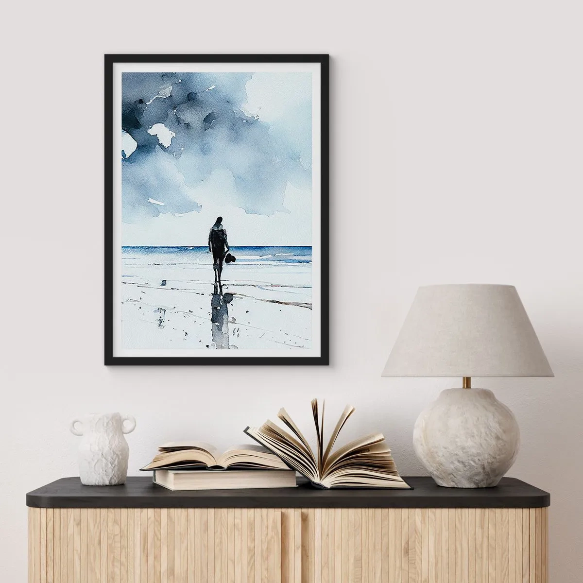 Affisch i svart ram - Akvarelllandskap med en figur på stranden - 50x70cm - Samtal med havet - Modern väggdekoration för vardagsrum och sovrum ARTTOR