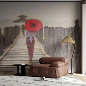 Fototapet Premium Sand - På den gamla bron - Paraply, Burma, Träbro - 100x70 cm