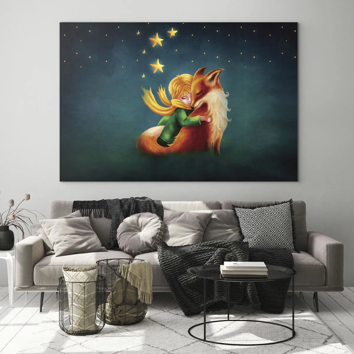 Glastavla - Bild på glas - Den lille prinsen kramar en räv under en stjärnklar himmel - 70x50cm - Lilla prinsen - Modern väggdekoration för vardagsrum och sovrum ARTTOR