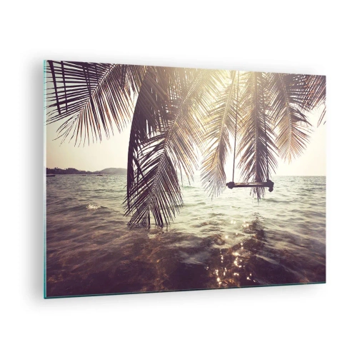 Glastavla - Bild på glas - En strand med palmer och en gunga över ett lugnt hav - 70x50cm - Gunga i molnen hur mycket du vill - Modern väggdekoration för vardagsrum och sovrum ARTTOR