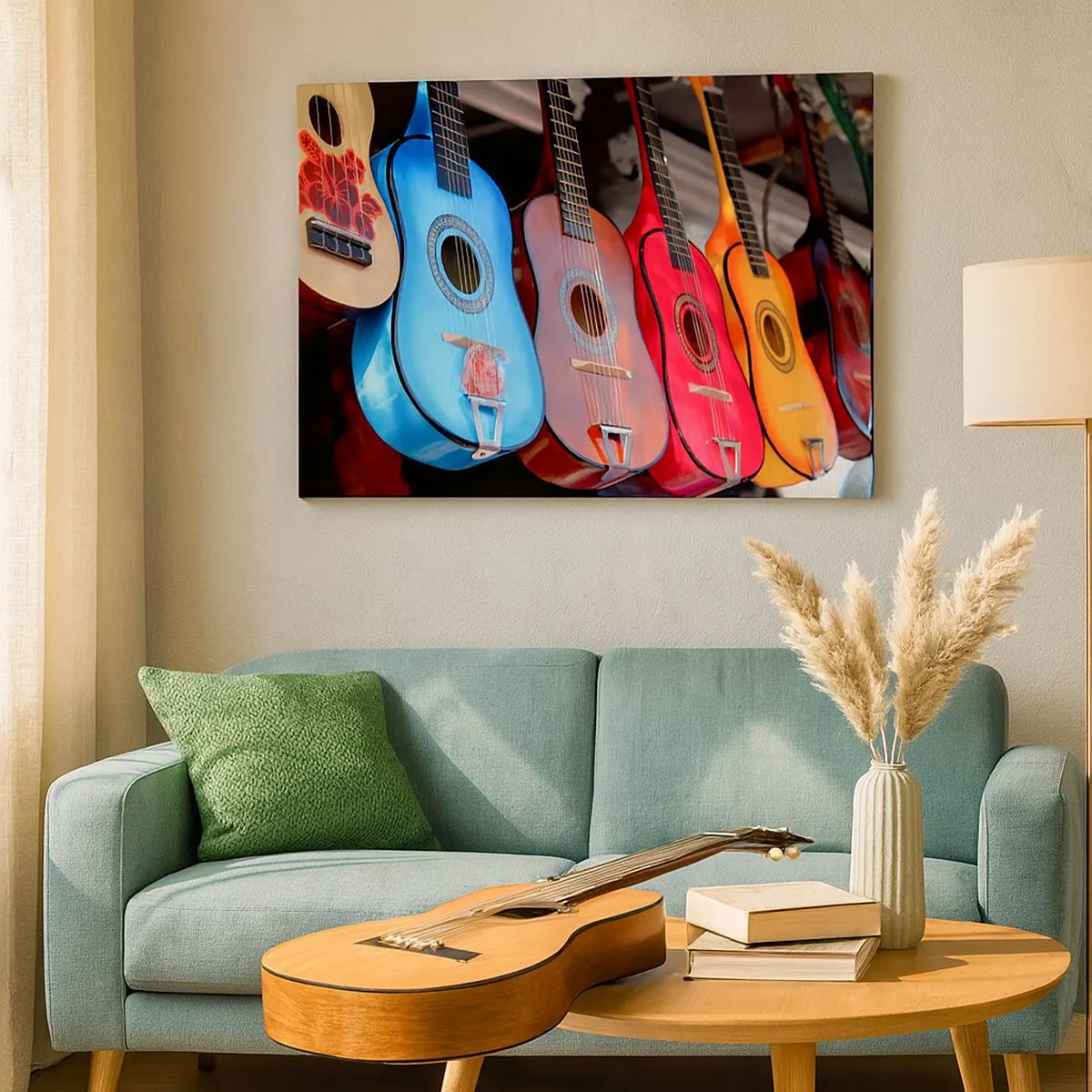Canvastavla - Bild på duk - Färgglada akustiska gitarrer hänger i rad på display - 70x50cm - Latino klimat - Modern väggdekoration för vardagsrum och sovrum ARTTOR