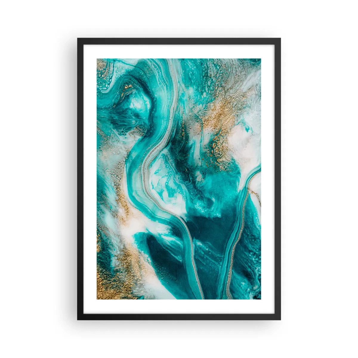 Affisch i svart ram - En abstrakt komposition i nyanser av turkos och guld. - 50x70cm - Guldflod - Modern väggdekoration för vardagsrum och sovrum ARTTOR