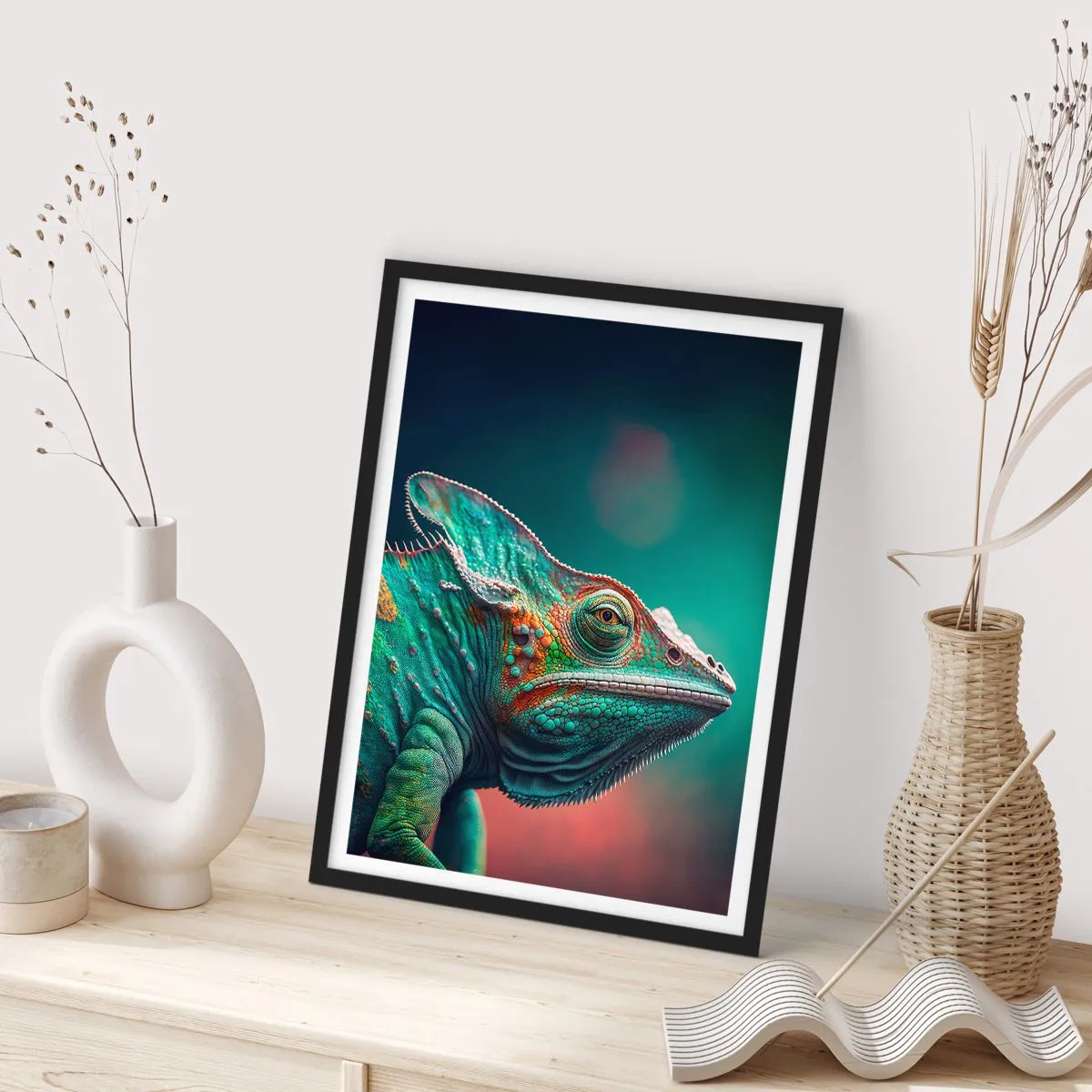 Affisch i svart ram - En färgglad kameleont mot en slående bakgrund - 50x70cm - Ser du mig? Inte bra… - Modern väggdekoration för vardagsrum och sovrum ARTTOR