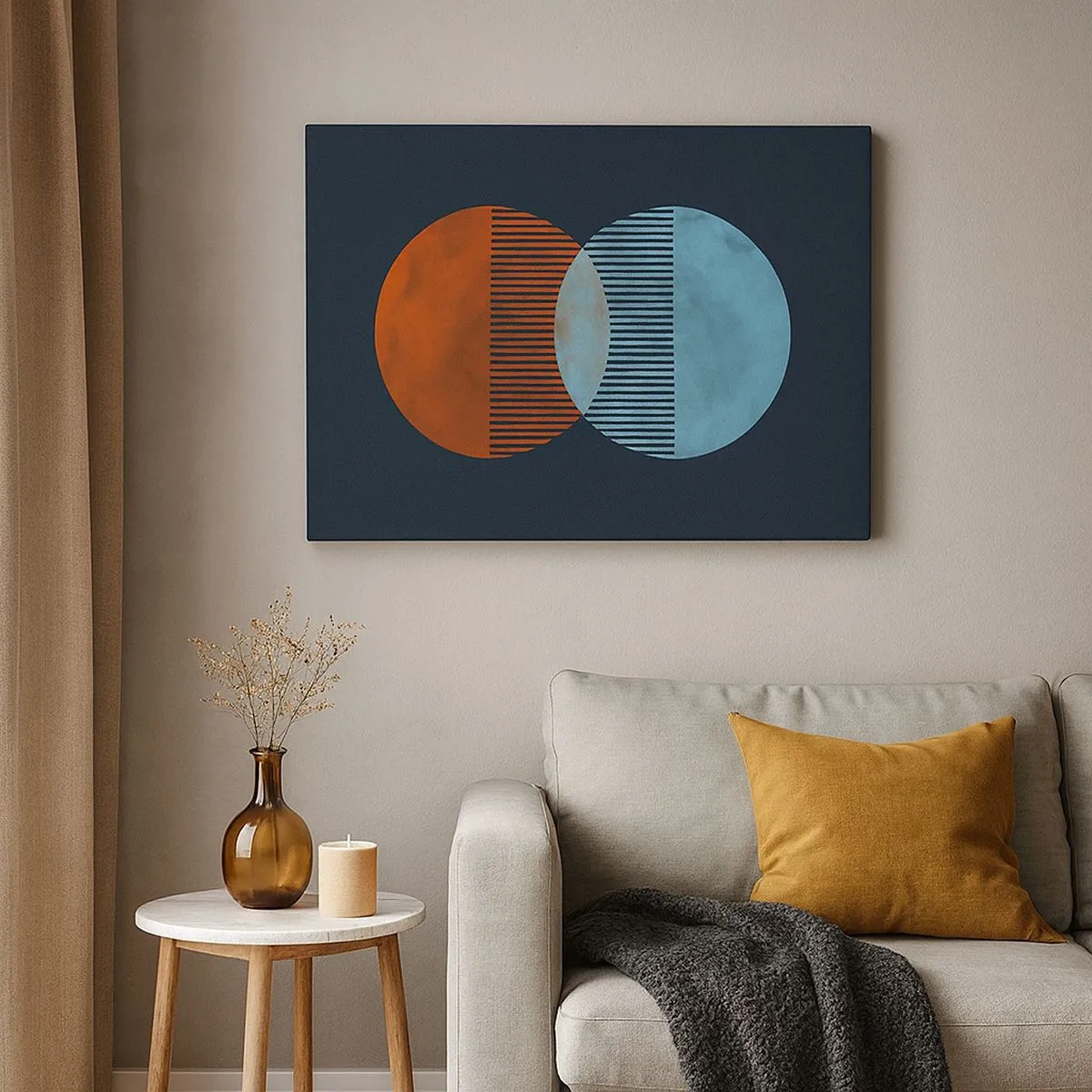 Canvastavla - Bild på duk - Två orange och blå cirklar på en mörk bakgrund - 70x50cm - Astronomisk fantasi - Modern väggdekoration för vardagsrum och sovrum ARTTOR