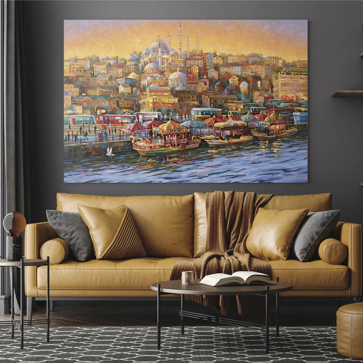 Glastavla - Bild på glas - En färgglad hamn med båtar och ett stadspanorama vid solnedgången - 70x50cm - Istanbul-berättelse - Modern väggdekoration för vardagsrum och sovrum ARTTOR