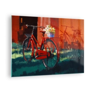 Glastavla - Bild på glas - En röd cykel med blommor framför en röd byggnad - 70x50cm - I want to ride my bicycle - Modern väggdekoration för vardagsrum och sovrum ARTTOR