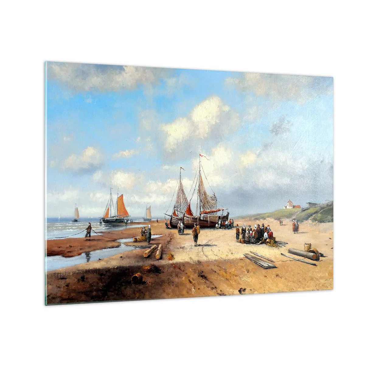 Glastavla - Bild på glas - Strandscen med fiskebåtar och människor som fiskar - 70x50cm - Efter en lyckad fångst - Modern väggdekoration för vardagsrum och sovrum ARTTOR