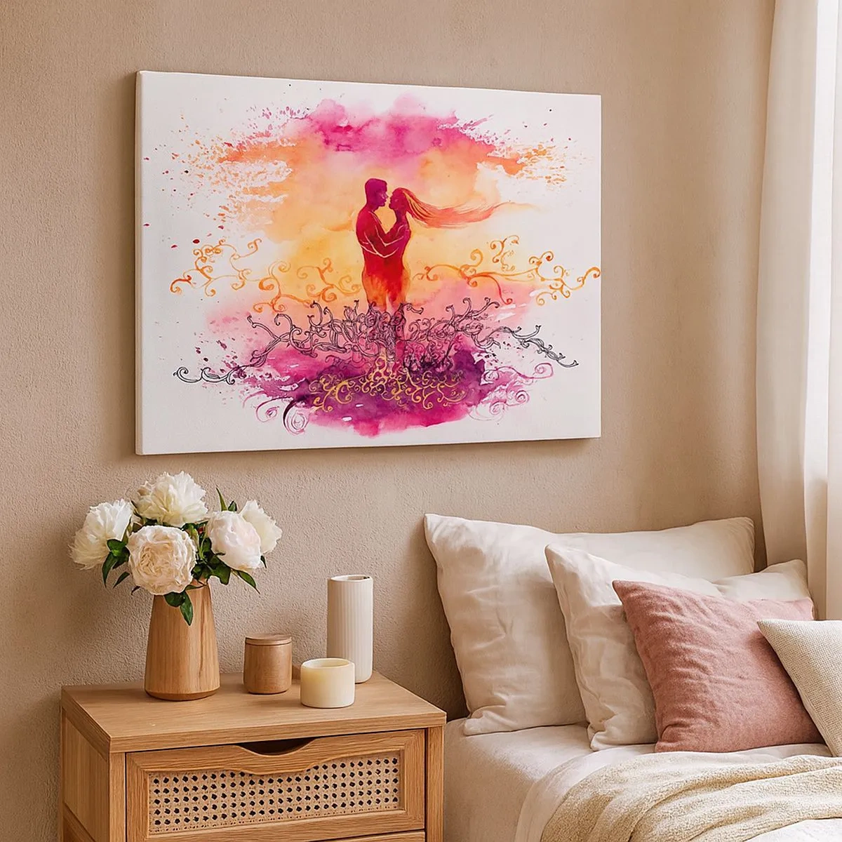 Canvastavla - Bild på duk - Ett par som omfamnar varandra mot ett abstrakt rosa och orange mönster - 70x50cm - Ett hjärta! Så lite behöver jag... - Modern väggdekoration för vardagsrum och sovrum ARTTOR