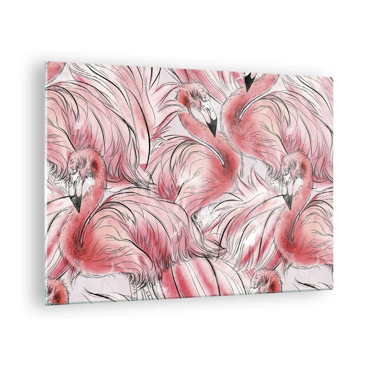 Glastavla - Bild på glas - Rosa flamingos i dekorativ tecknad stil - 70x50cm - Fåglarnas corps de ballet - Modern väggdekoration för vardagsrum och sovrum ARTTOR