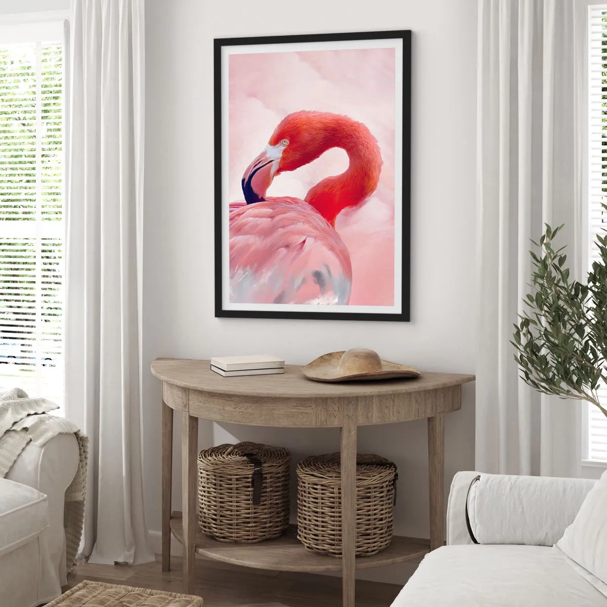 Affisch i svart ram - Rosa flamingo på en ljus bakgrund - 50x70cm - Fågelns skönhet - Modern väggdekoration för vardagsrum och sovrum ARTTOR
