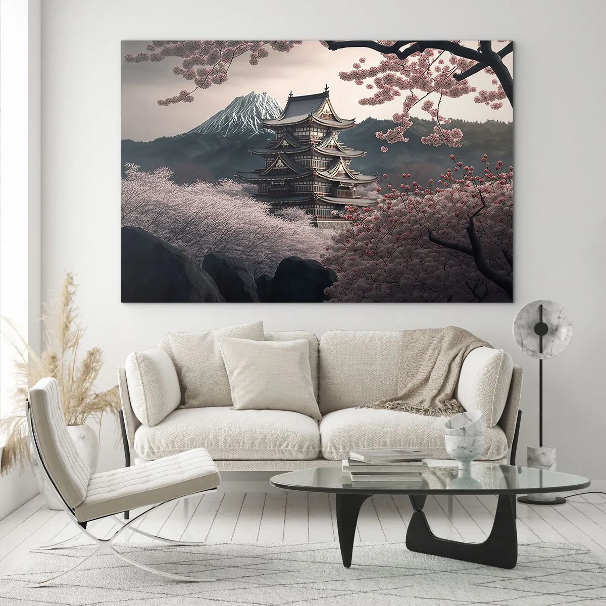 Glastavla - Bild på glas - En traditionell japansk pagod bland körsbärsblommor och berg - 70x50cm - Ett land av blommande körsbär - Modern väggdekoration för vardagsrum och sovrum ARTTOR
