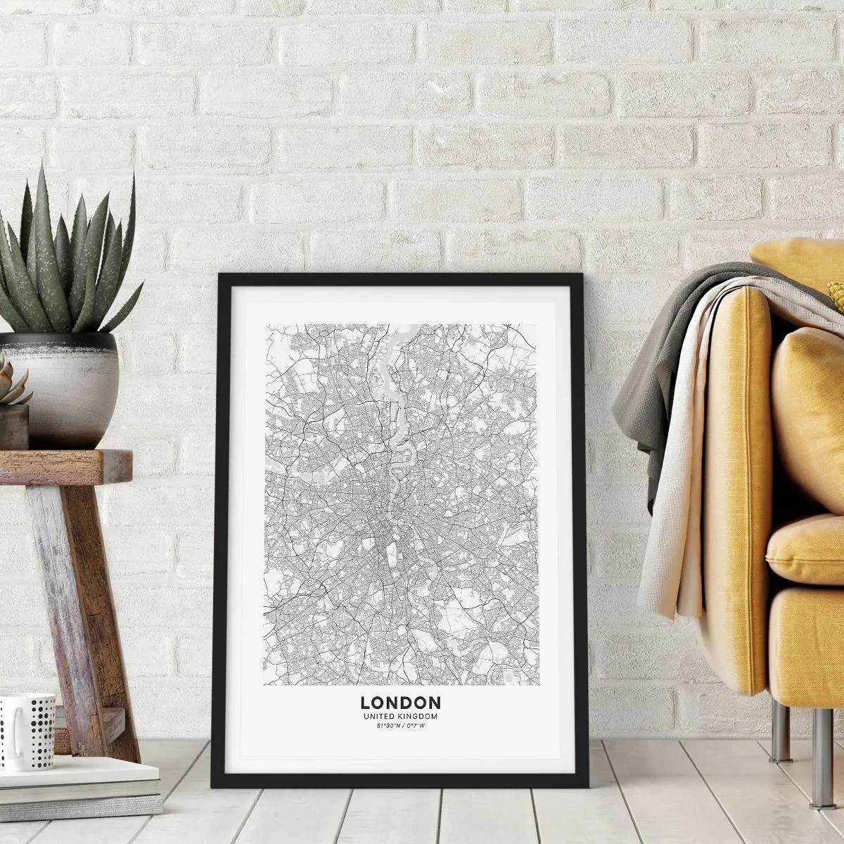 Affisch i svart ram - Svartvit karta över London med korrekta gatudetaljer - 50x70cm - Karta över London-labyrinten - Modern väggdekoration för vardagsrum och sovrum ARTTOR