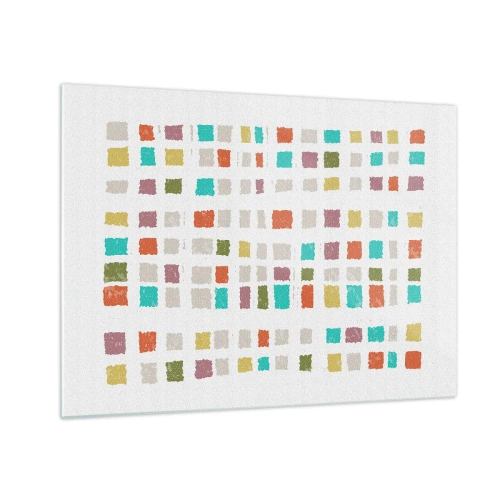 Glastavla - Bild på glas - Färgglad mosaik av rutor på en vit bakgrund i abstrakt stil - 70x50cm - Ett okänt spel - Modern väggdekoration för vardagsrum och sovrum ARTTOR
