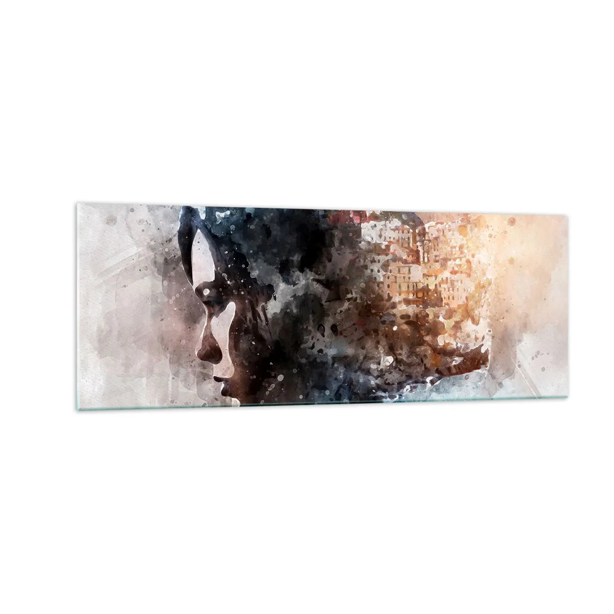 Glastavla - Bild på glas - Berättelse om en tjej med en stad i bakgrunden - 140x50 cm