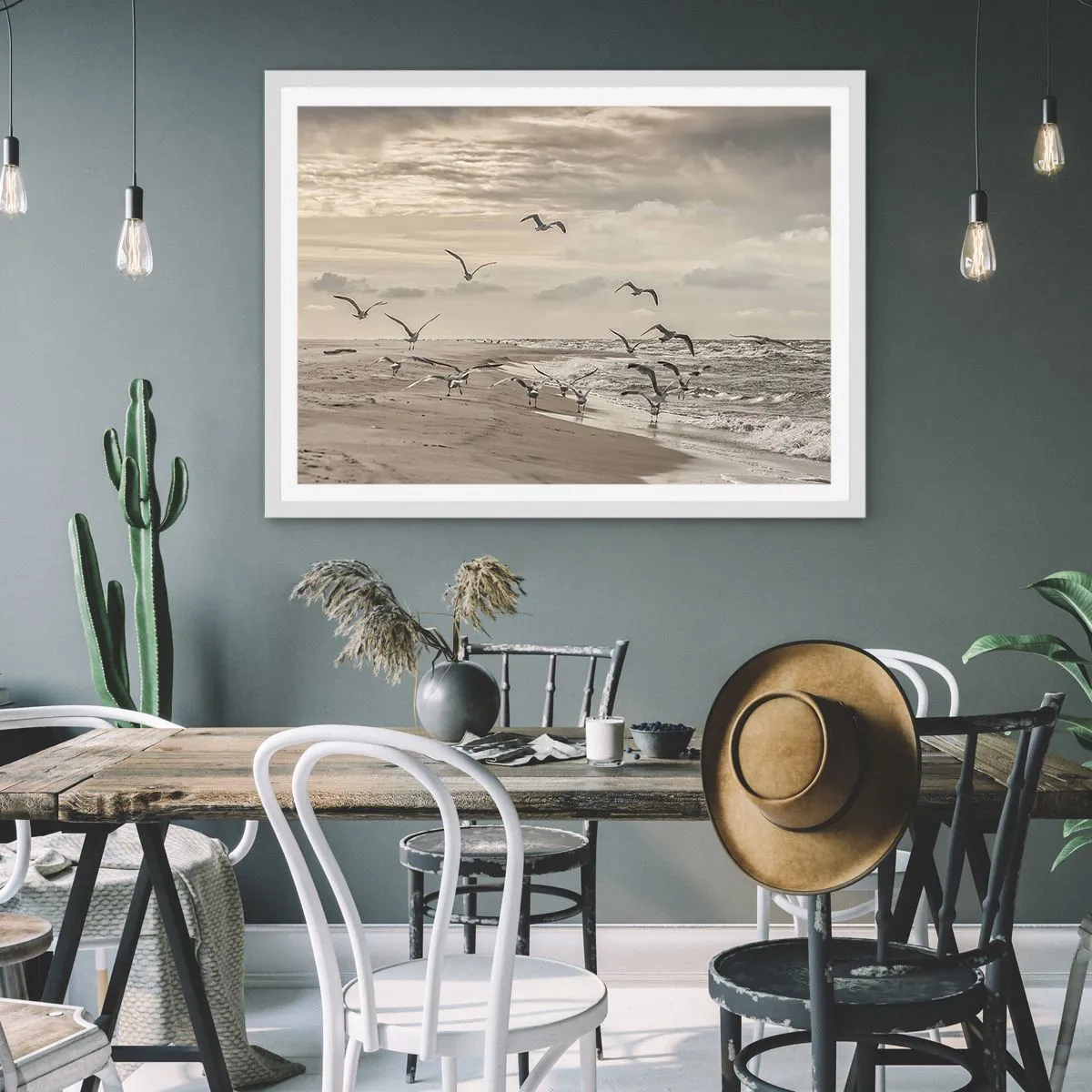 Affisch i vit ram - Havets brus, fågelsång - 100x70 cm