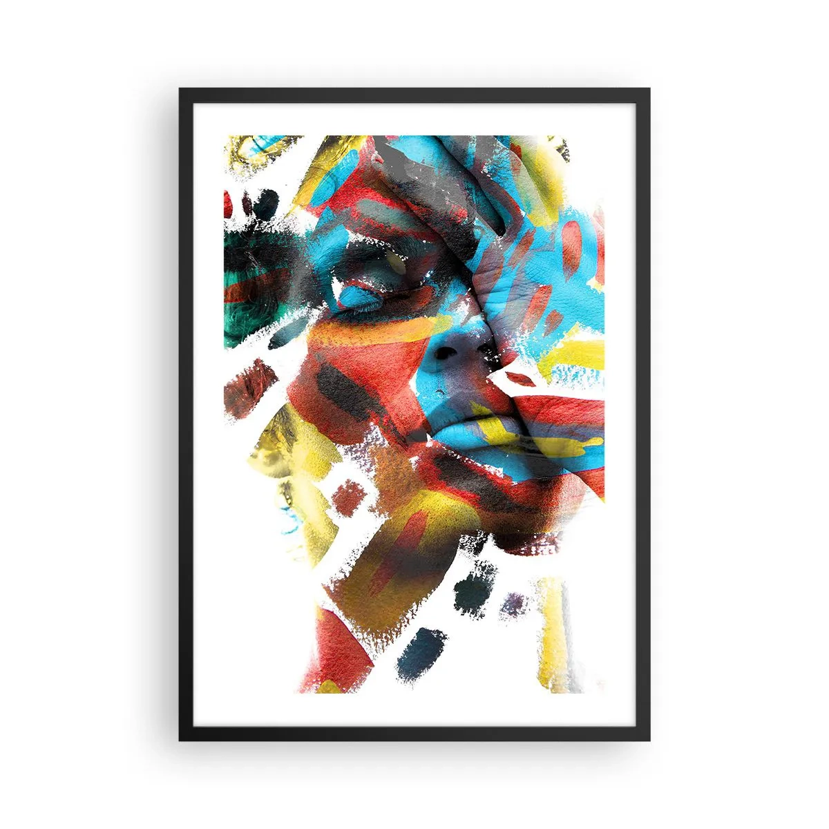 Affisch i svart ram - Konstnärligt porträtt av en kvinna i abstrakta färger - 50x70cm - Färgrik personlighet - Modern väggdekoration för vardagsrum och sovrum ARTTOR