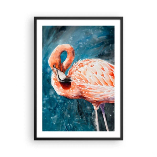 Affisch i svart ram - En akvarell flamingo mot en turkos vattenbakgrund - 50x70cm - Dekorativt till sin natur - Modern väggdekoration för vardagsrum och sovrum ARTTOR