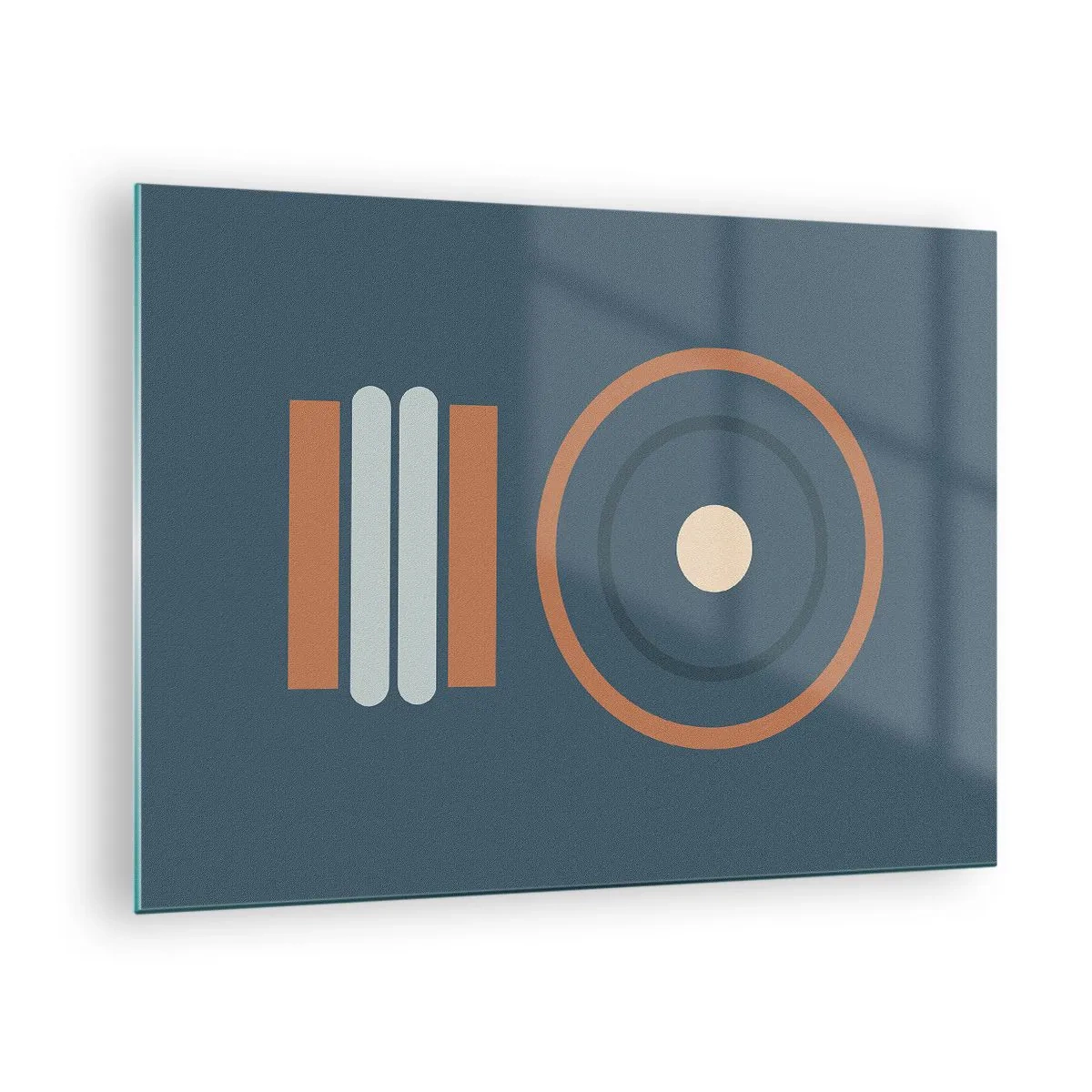Glastavla - Bild på glas - Abstrakta geometriska former i dämpade färger, med cirklar och linjer - 70x50cm - Sakens kärna - Modern väggdekoration för vardagsrum och sovrum ARTTOR