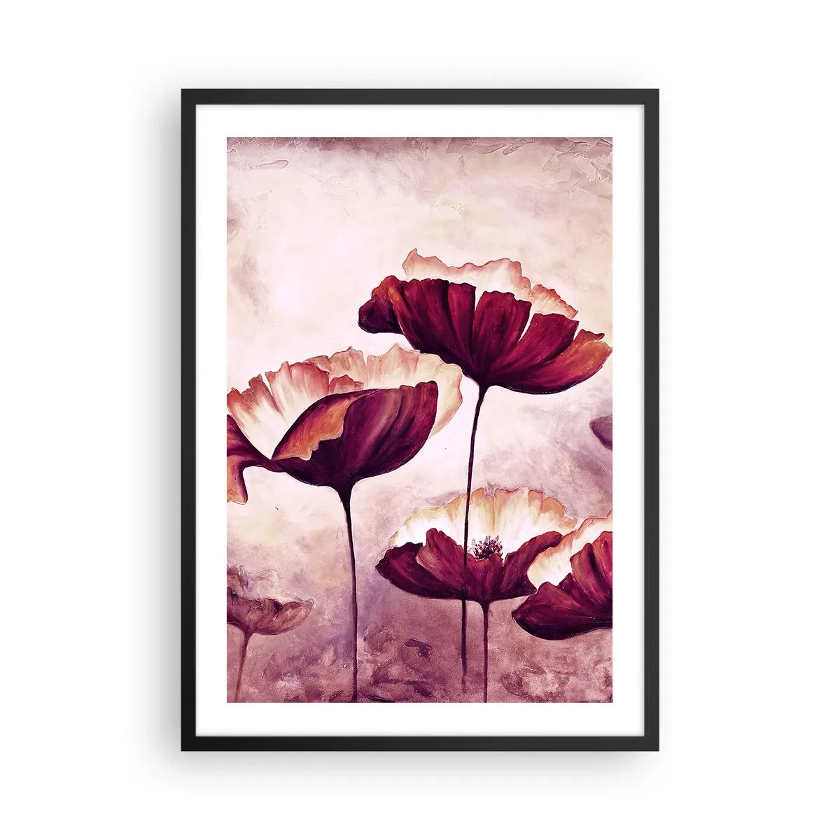 Affisch i svart ram - Pittoreska vallmoblommor mot en subtil pastellbakgrund - 50x70cm - Röd och vit flinga - Modern väggdekoration för vardagsrum och sovrum ARTTOR