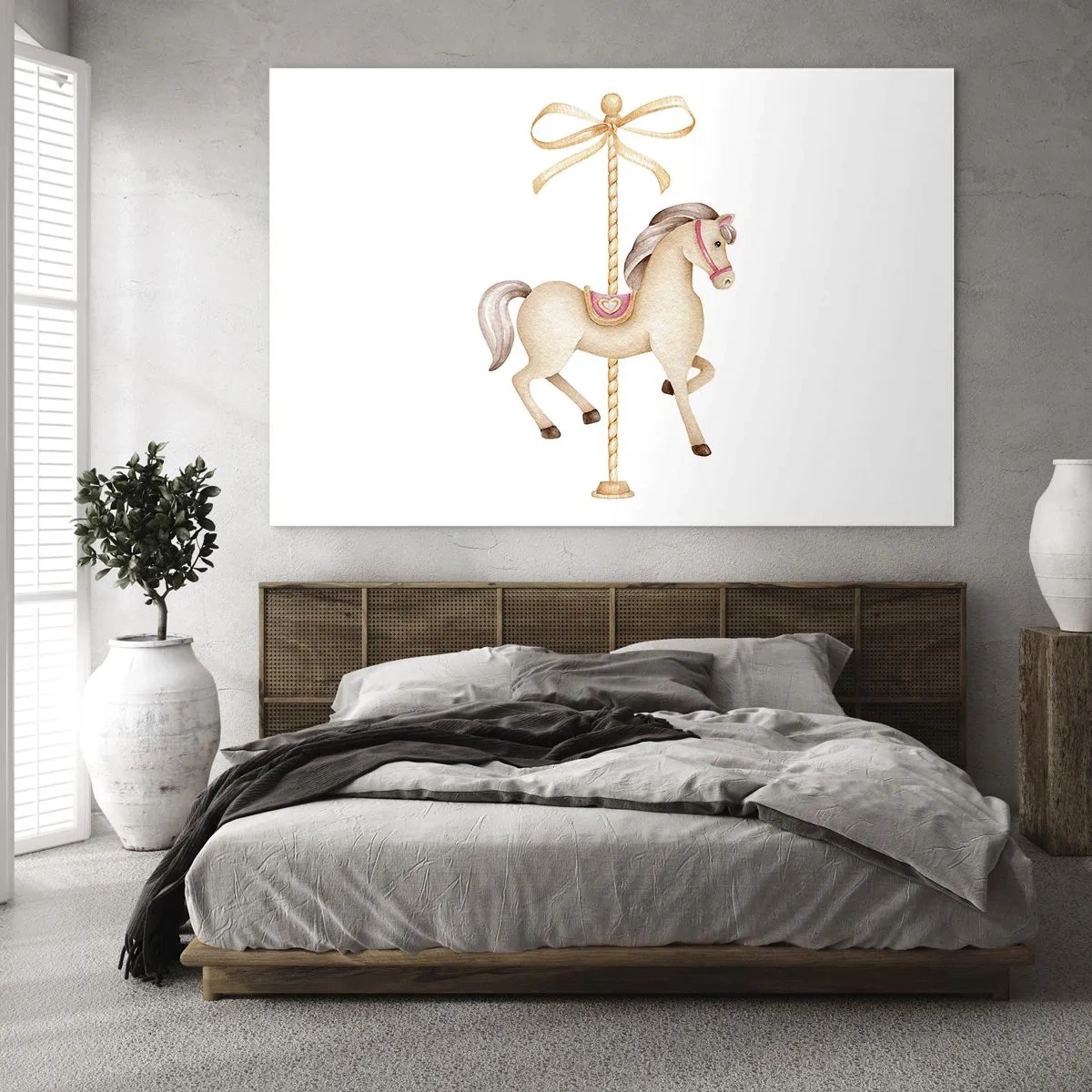 Glastavla - Bild på glas - Beige karusellhäst med rosett på vit bakgrund - 70x50cm - Med en graciös trav - Modern väggdekoration för vardagsrum och sovrum ARTTOR