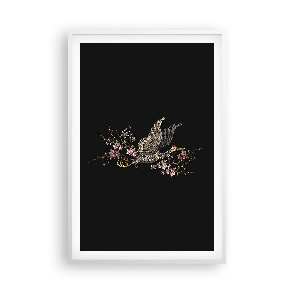 Affisch i vit ram - Exotisk, broderad fågel - 61x91 cm