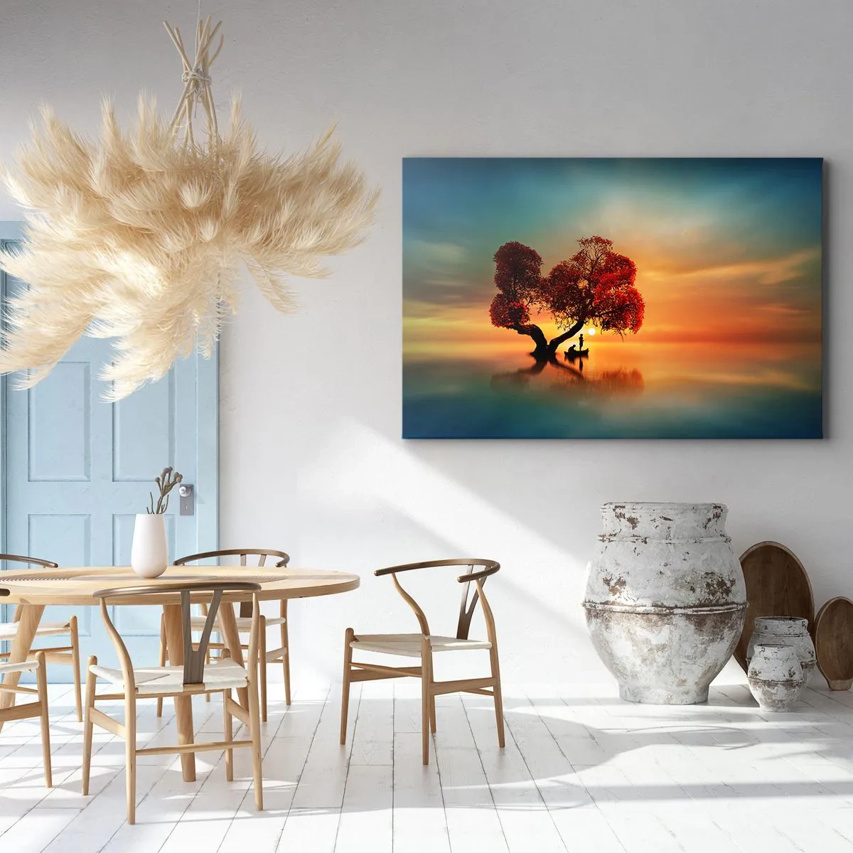 Canvastavla - Bild på duk - Ett rödbladigt träd och en båt på vattnet vid solnedgången - 70x50cm - Avlägsen tystnad - Modern väggdekoration för vardagsrum och sovrum ARTTOR