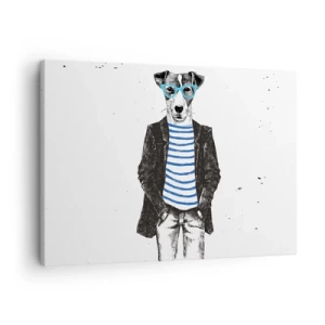 Canvastavla - Bild på duk - Porträtt av en hund med glasögon och sjömansskjorta i humoristisk stil - 70x50cm - Hundelegans - Modern väggdekoration för vardagsrum och sovrum ARTTOR