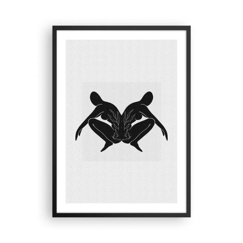 Affisch i svart ram - Svarta silhuetter av figurer i en symmetrisk komposition - 50x70cm - En delad själ - Modern väggdekoration för vardagsrum och sovrum ARTTOR