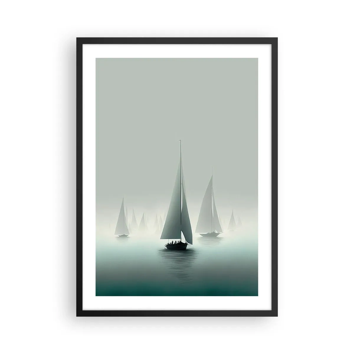 Affisch i svart ram - En grupp segelbåtar seglar på ett dimmigt hav, omgivna av lugnt vatten. - 50x70cm - Byggd av dimma - Modern väggdekoration för vardagsrum och sovrum ARTTOR