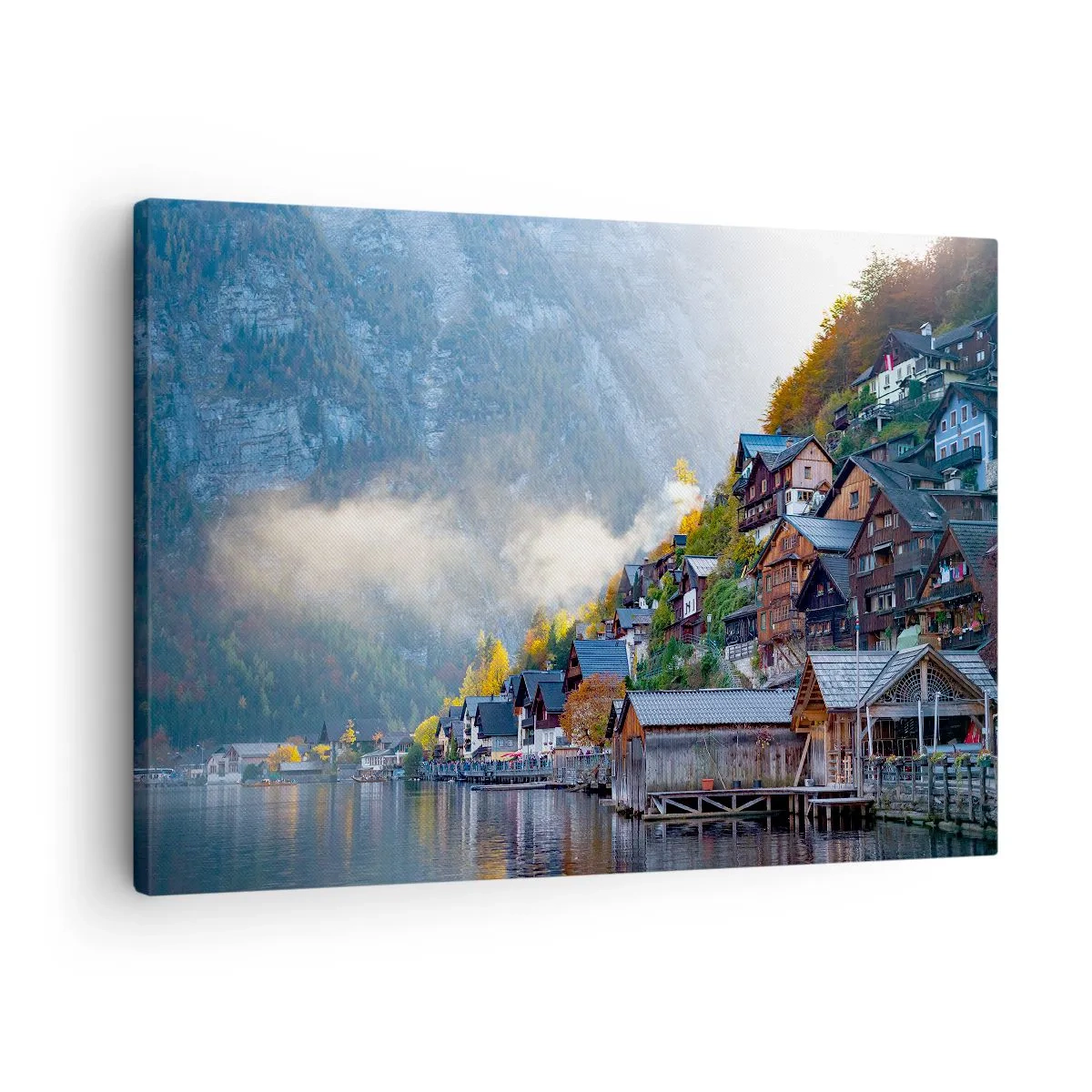 Canvastavla - Bild på duk - En bergsby vid en sjö i höstlandskap - 70x50cm - Alpina klimat - Modern väggdekoration för vardagsrum och sovrum ARTTOR