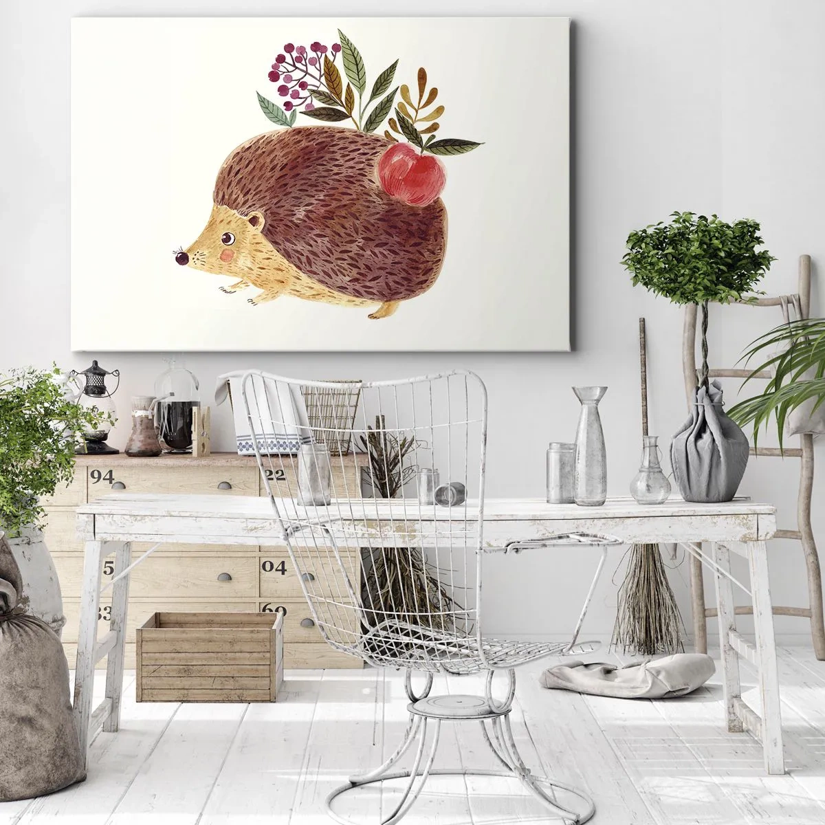 Canvastavla - Bild på duk - En söt igelkott med ett äpple och växter i illustrativ stil - 70x50cm - Och du gillar mig redan - Modern väggdekoration för vardagsrum och sovrum ARTTOR